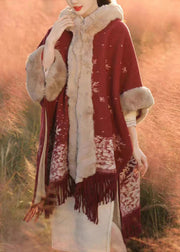 Italian Red Tassel Print Fur Collar Warm Fleece Cape Winter