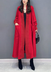 Italian Red V Neck Pockets Patchwork Knit Cardigan Fall