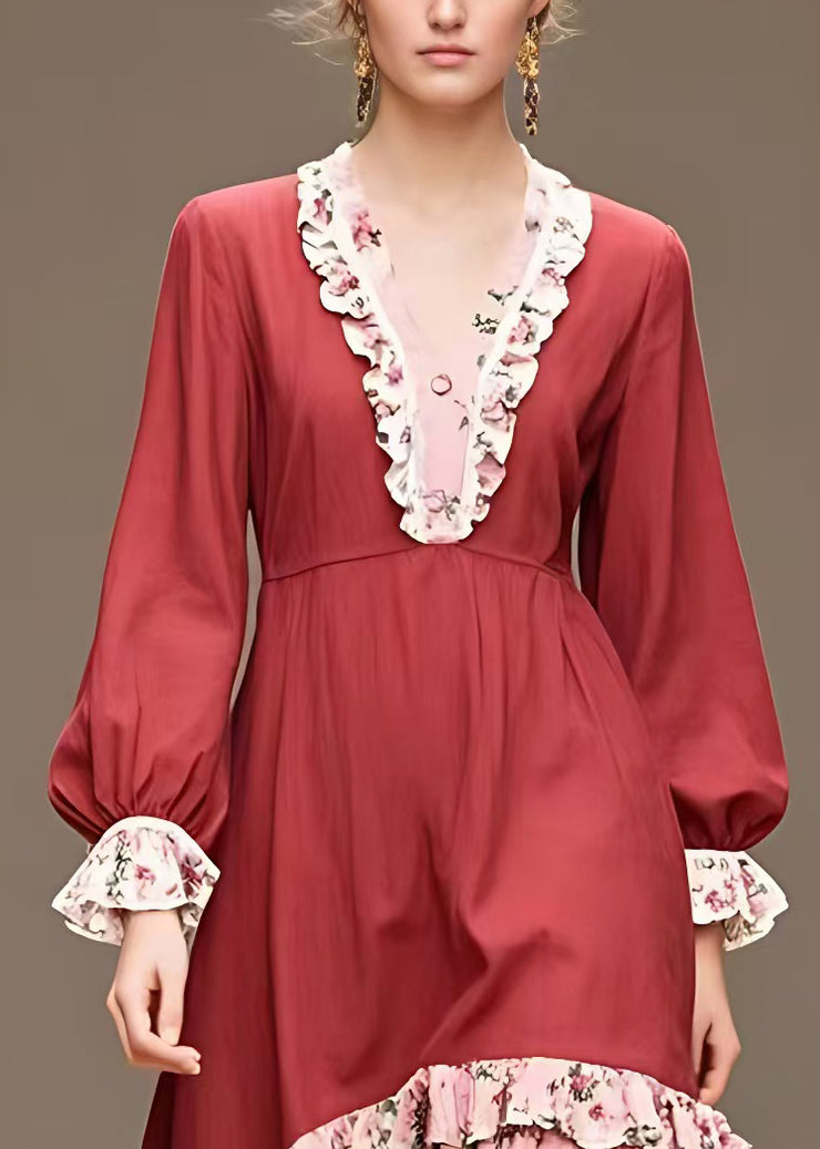 Italian Red V Neck Ruffled Cotton Dresses Long Sleeve