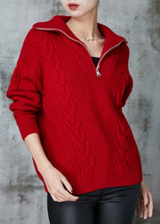 Italian Red Zip Up Cable Knit Sweatshirt Sweater Spring