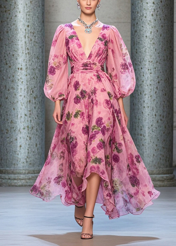 Italian Rose Cinched Print Chiffon Long Dresses Lantern Sleeve