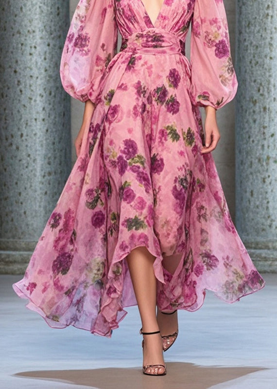 Italian Rose Cinched Print Chiffon Long Dresses Lantern Sleeve