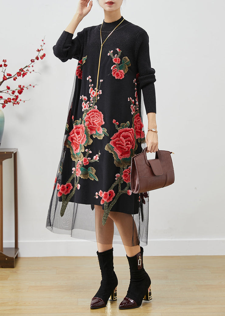 Italian Rose Embroideried Patchwork Knit Long Dress Fall