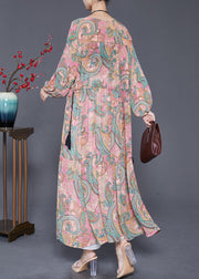 Italian Rose Green Cinched Print Chiffon Long Dresses Fall