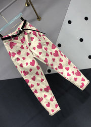 Italian Rose Heart Print Pockets Patchwork Denim Pants Fall