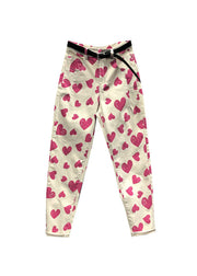 Italian Rose Heart Print Pockets Patchwork Denim Pants Fall