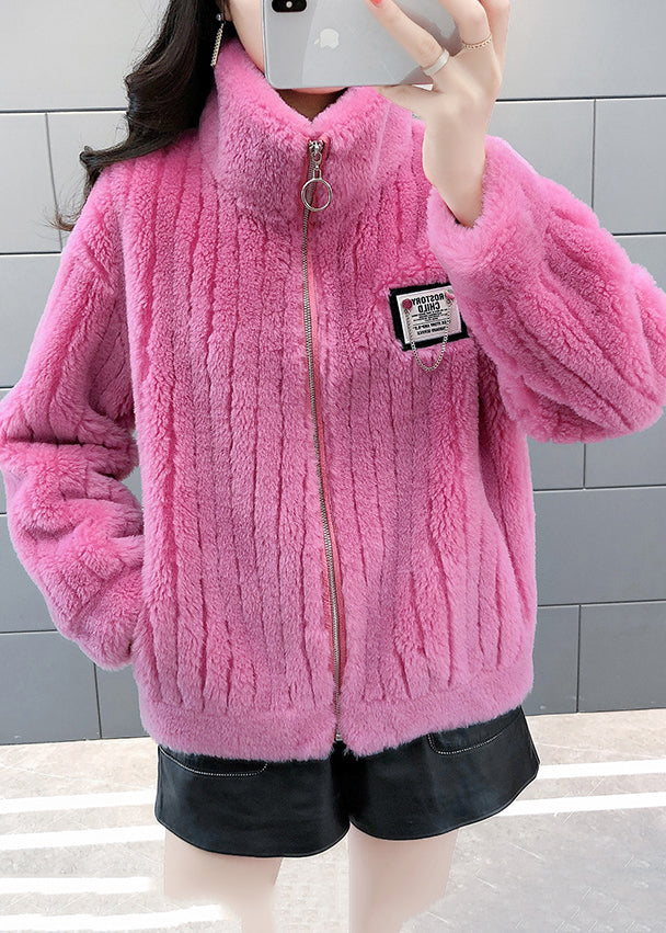 Italian Rose Stand Collar Zippered Faux Fur Coats Winter