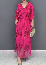 Italian Rose V Neck Sequins Tulle Long Dresses Bracelet Sleeve