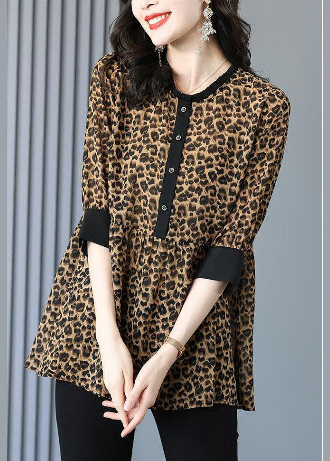 Italian Ruffled Patchwork Leopard Shirt Top Half Sleeve