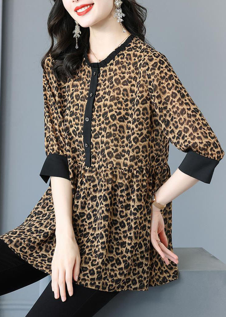 Italian Ruffled Patchwork Leopard Shirt Top Half Sleeve