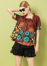 Italian Rust Ruffled Hollow Out Embroideried Patchwork Tulle Tops Summer