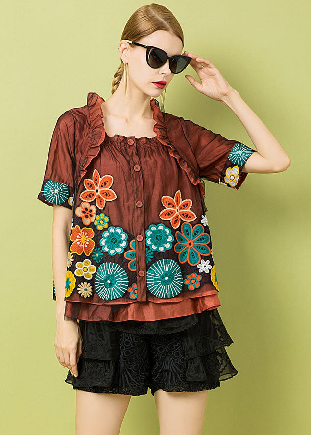 Italian Rust Ruffled Hollow Out Embroideried Patchwork Tulle Tops Summer