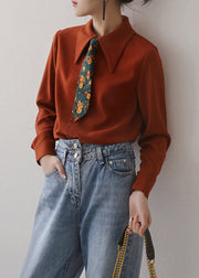 Italian Rust Solid Button Chiffon Blouses Long Sleeve