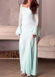 Italian Slim Fit Light Green Chiffon Long Dress Flare Sleeve