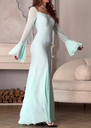 Italian Slim Fit Light Green Chiffon Long Dress Flare Sleeve