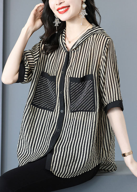 Italian Striped Hooded Pockets Patchwork Chiffon Shirt Tops Summer