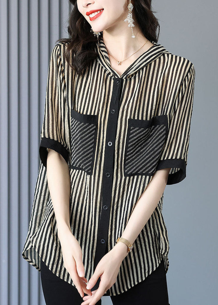 Italian Striped Hooded Pockets Patchwork Chiffon Shirt Tops Summer