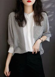 Italian Striped Stand Collar Patchwork Chiffon Shirt Top Spring