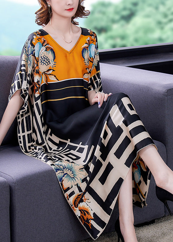 Italian V Neck Print Silk Vacation Long Dresses Summer