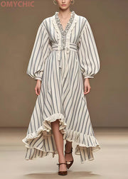 Italian White Cinched Striped Silk Cotton blend Long Dress Fall