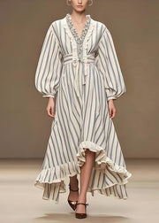 Italian White Cinched Striped Silk Cotton blend Long Dress Fall