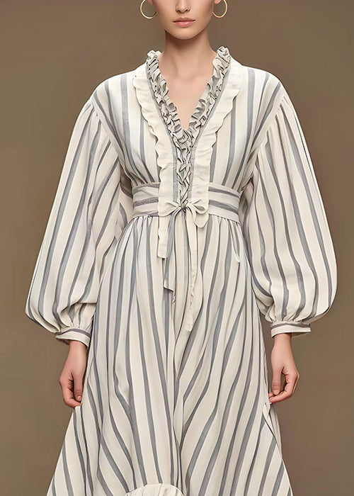 Italian White Cinched Striped Silk Velvet Long Dress Fall