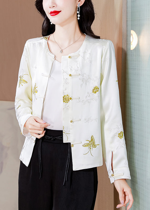 Italian White Embroidered Button Silk Coat Fall