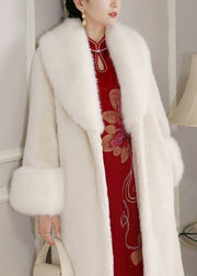 Italian White Fur Collar Warm Faux Fur Coat Winter