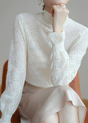 Italian White Hign Neck Ruffled Jacquard Cashmere Sweater Fall