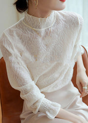 Italian White Hign Neck Ruffled Jacquard Cashmere Sweater Fall