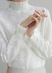 Italian White Hign Neck Ruffled Jacquard Cashmere Sweater Fall