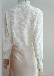 Italian White Hign Neck Ruffled Jacquard Cashmere Sweater Fall