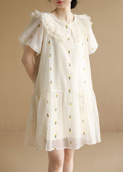 Italian White O-Neck Embroideried Tulle Vacation Dresses Short Sleeve