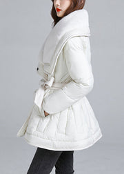 Italian White Peter Pan Collar Tie Waist Duck Down Winter Coats