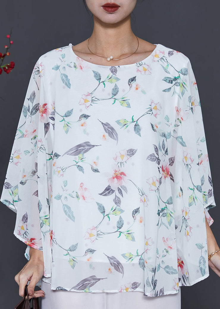 Italian White Print Draping Chiffon Top Summer