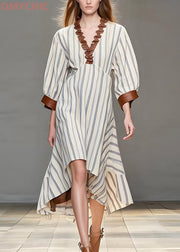 Italian White Ruffled Striped Silk Velvet Dress Spring