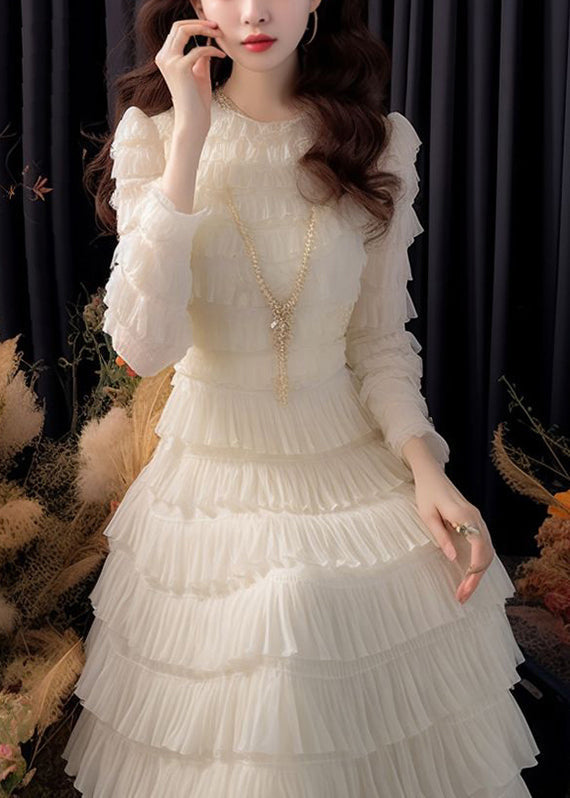 Italian White Solid High Waist Chiffon Dresses Long Sleeve