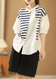 Italian White Stand Collar Asymmetrical Design Patchwork Striped Cotton Shirts Half Sleeve