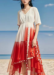 Italian White V Neck Print Patchwork Chiffon Maxi Dress Summer