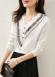 Italian White V Neck Ruffled Patchwork Knit Tops Spring