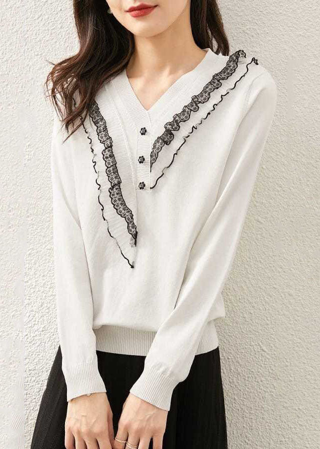 Italian White V Neck Ruffled Patchwork Knit Tops Spring