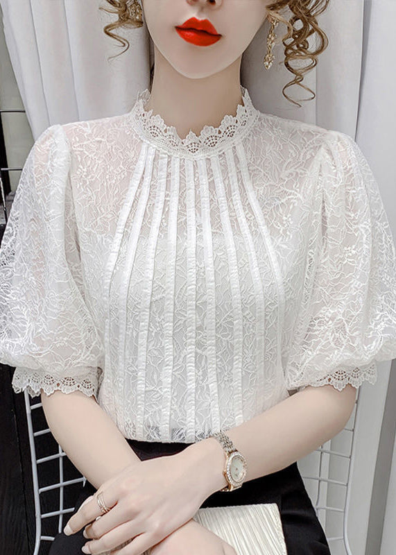 Italian White Wrinkled Patchwork Lace Tops Puff Sleeve