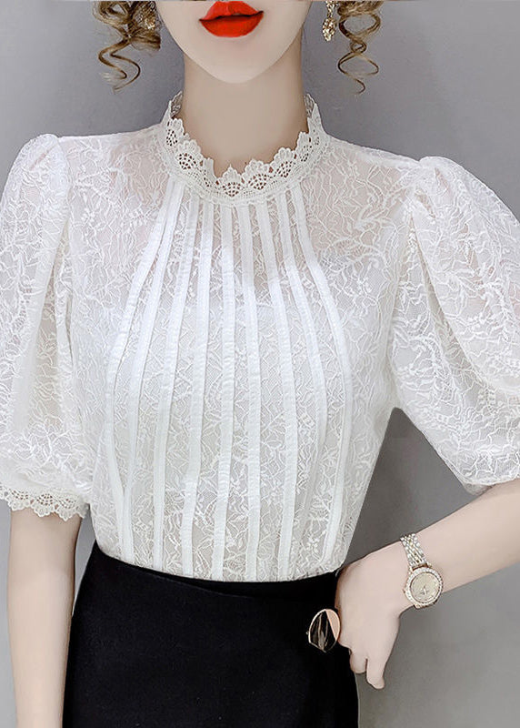 Italian White Wrinkled Patchwork Lace Tops Puff Sleeve