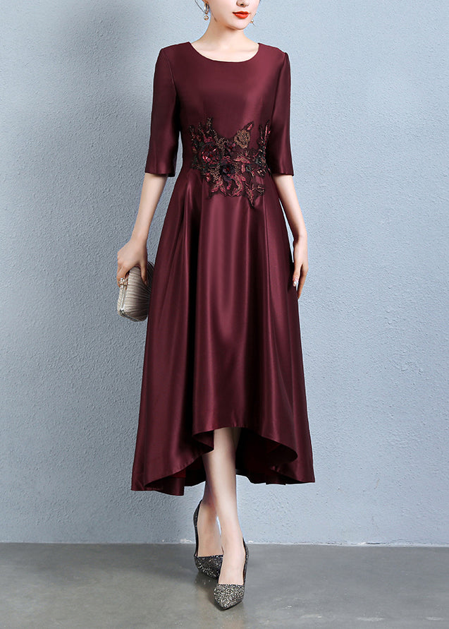 Italian Wine Red Embroidered Pockets Patchwork Silk Dress Half Sleeve