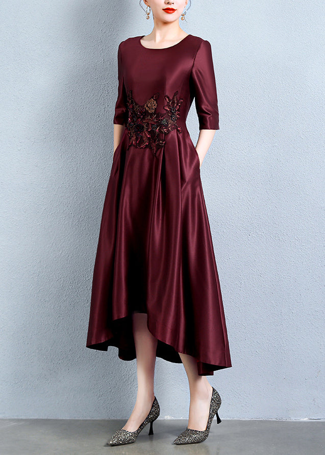 Italian Wine Red Embroidered Pockets Patchwork Silk Dress Half Sleeve