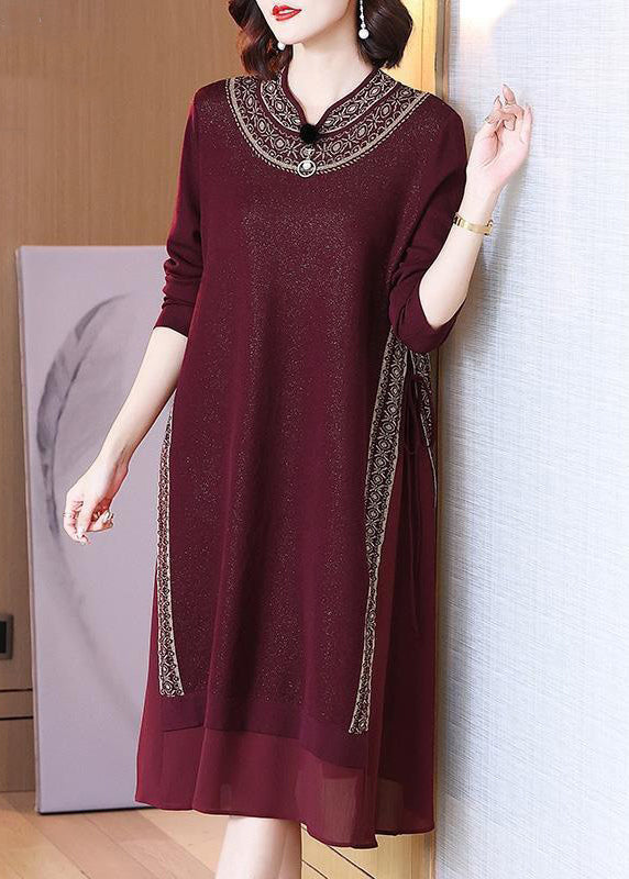 Italian Wine Red Lace Up Chiffon Patchwork Knit Dress Spring