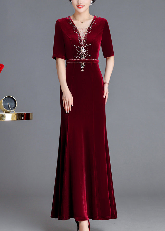 Italian Wine Red V Neck Zircon Silk Velour Long Dresses Fall