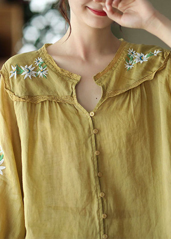 Italian Yellow Embroideried Lace Patchwork Linen Shirt Tops Bracelet Sleeve