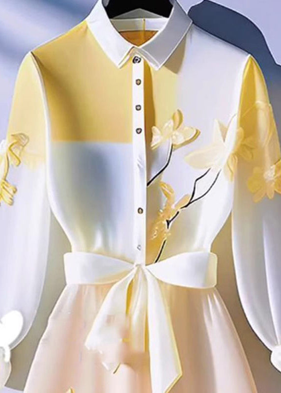 Italian Yellow Lace Up Patchwork Chiffon Shirts Dress Fall