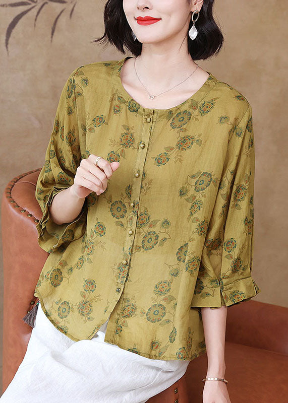 Italian Yellow O Neck Print Wrinkled Patchwork Linen Shirt Tops Summer